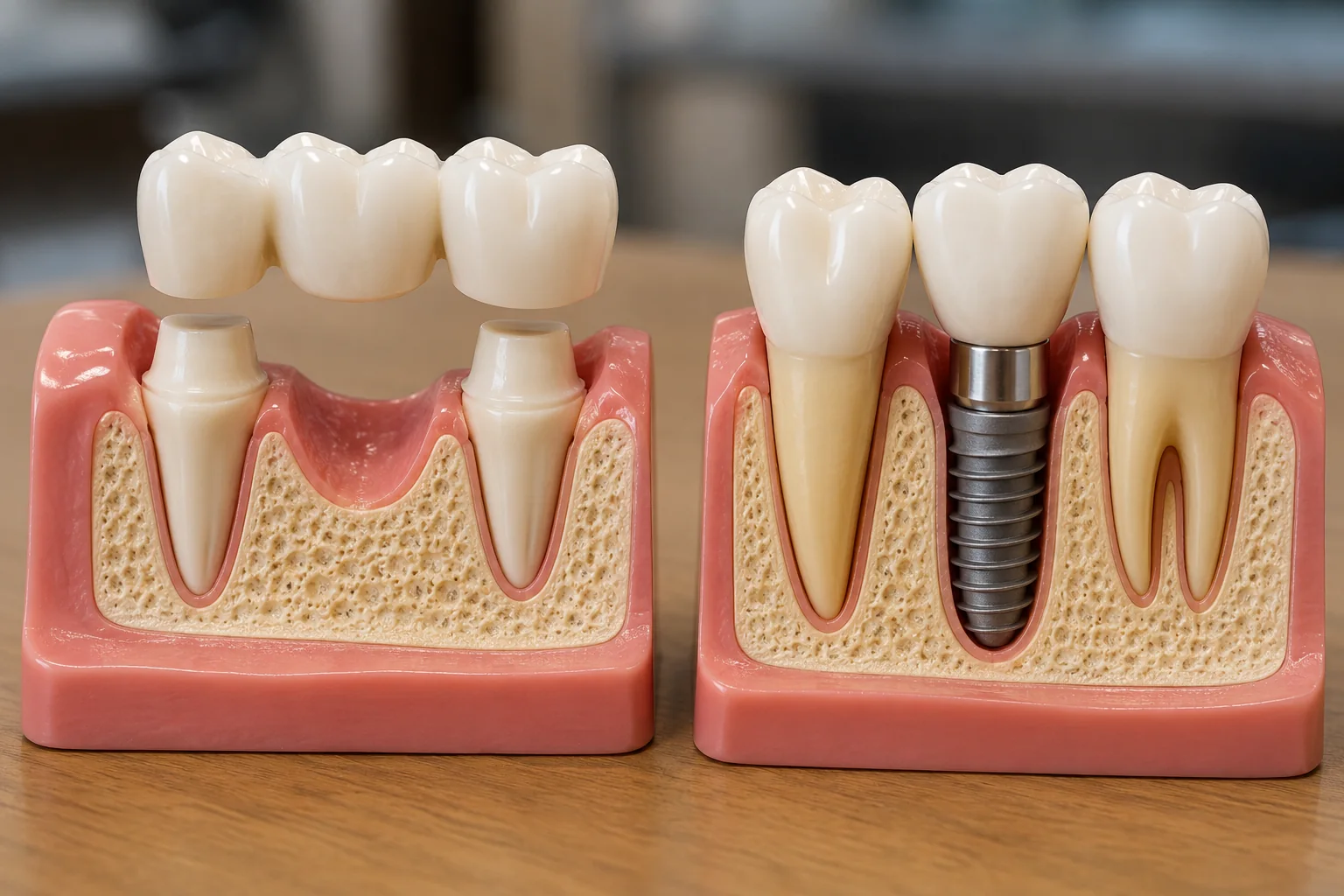 Dental model comparing a bridge and an implant for replacing a missing tooth
